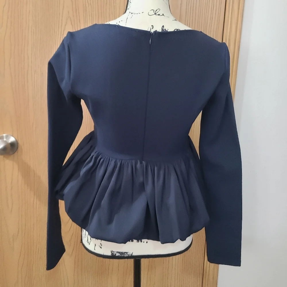 Zara Balletcore Ruffle Bubble Hem Peplum Square V-neck Long Sleeved Crop Top - Picture 3 of 4